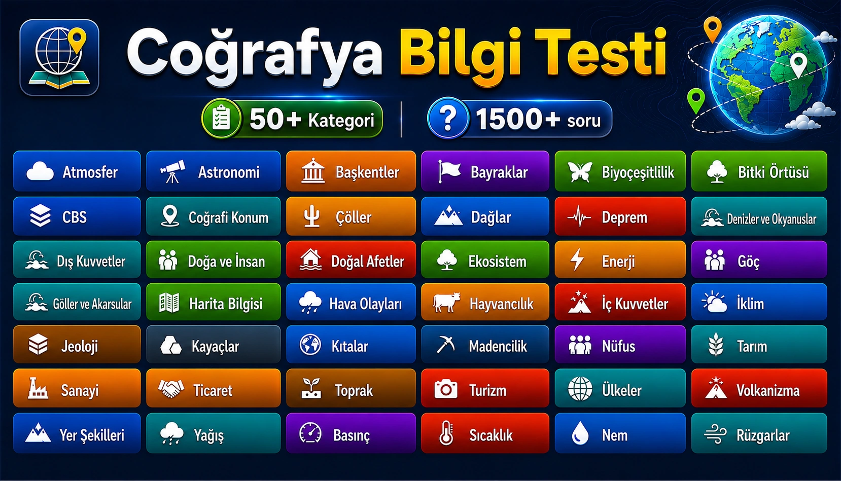 Coğrafya Bilgi Testi uygulama kapak görseli; 50+ kategori ve 1500+ soru